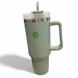 Green Tumbler with Straw and Flower Design